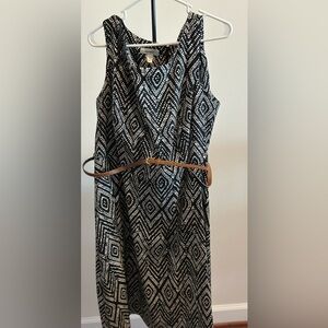 Dressbarn Monochrome Patterned Dress with Tan Belt.